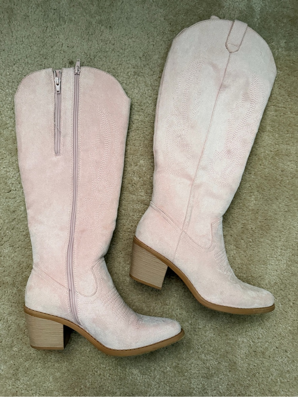 Women's Pink Suede Mid-Calf Block Heel Boots